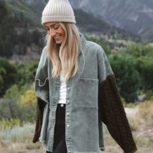 NEW Boho Oversized Cable Knit Distressed Denim Shacket Top Jacket Green Black - Picture 2 of 8